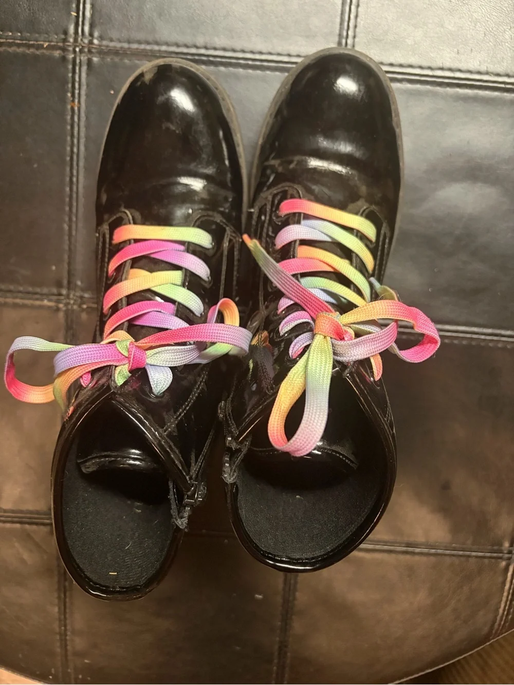 The Children's Place Black Patent Ankle Boots with Rainbow Laces